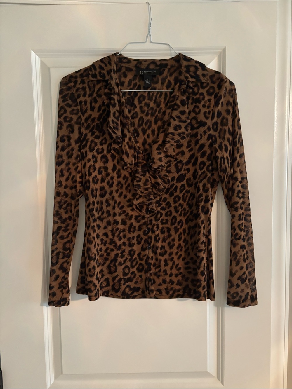 INC International Concepts Brown and Black Leopard Ruffle V-Neck Blouse